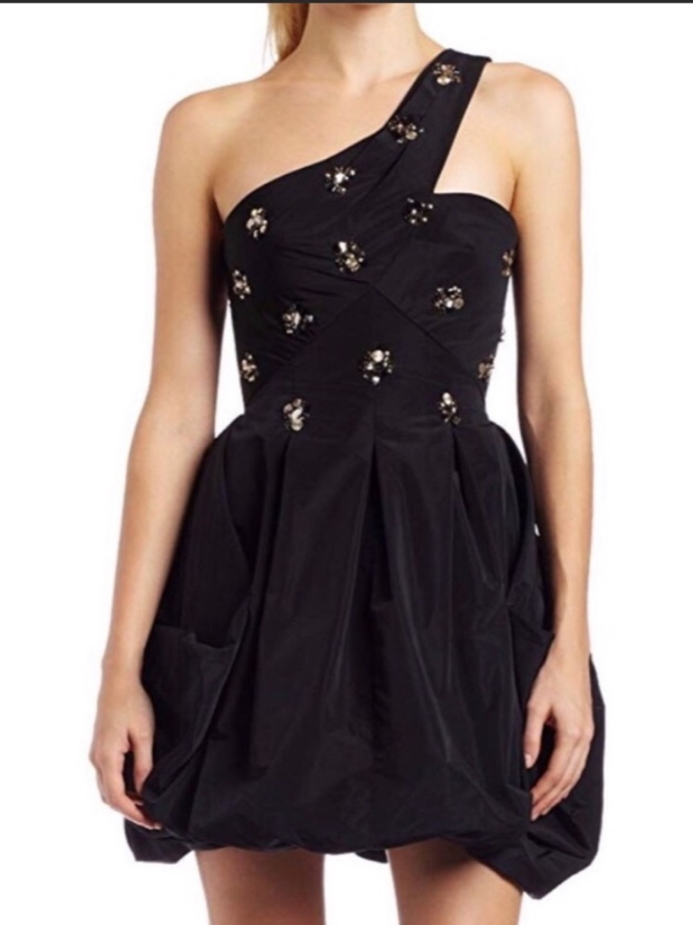 BCBG One-Shoulder Black Embellished Bubble Dress